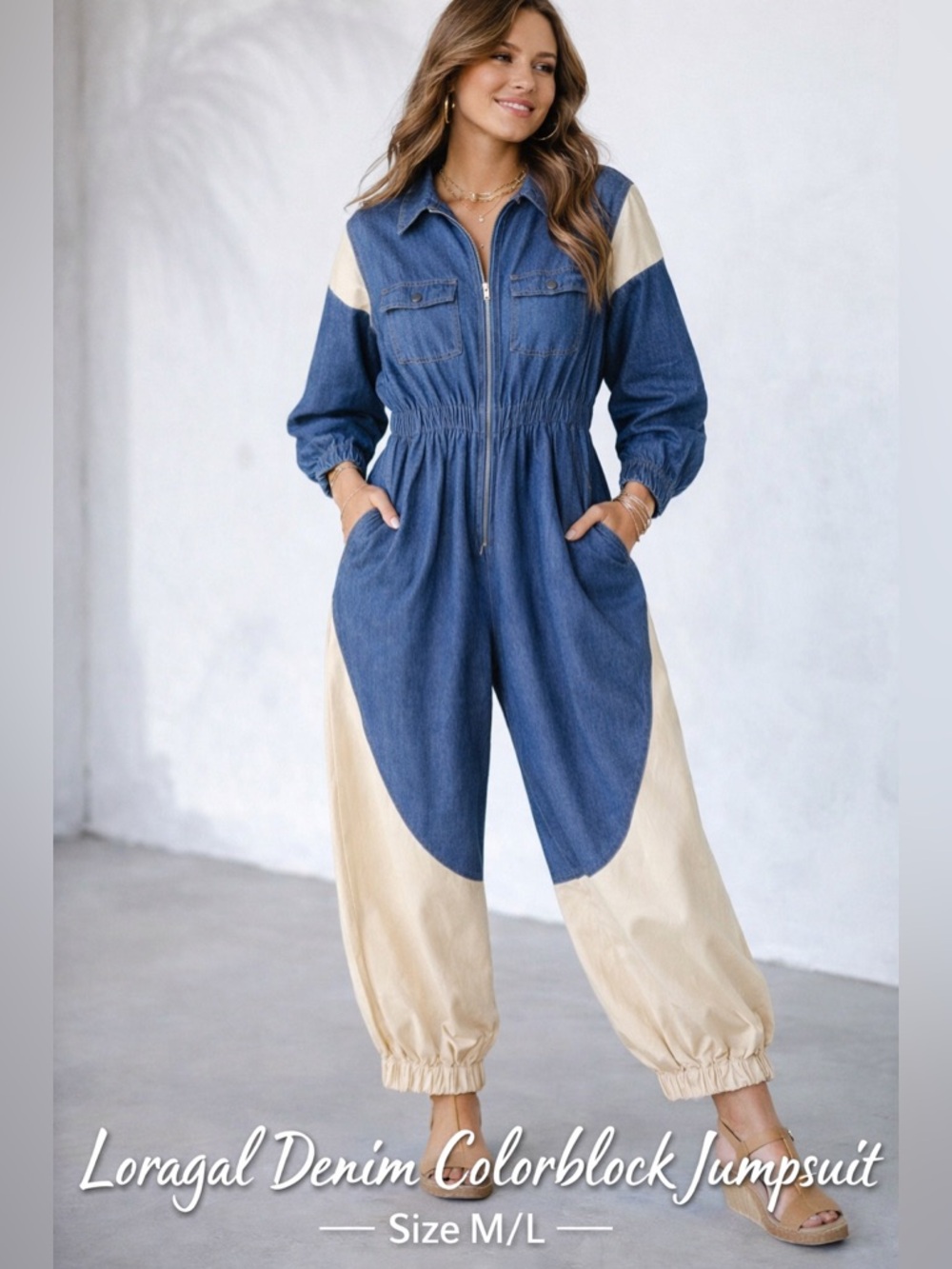 Loragal Denim Colorblock Jumpsuit Balloon Leg Utility Romper No Size (M/L)